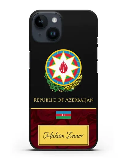 Чехол с гербом и флагом Республики Азербайджан с именем, фамилией на английском языке, красный мрамор силиконовый для iPhone 14