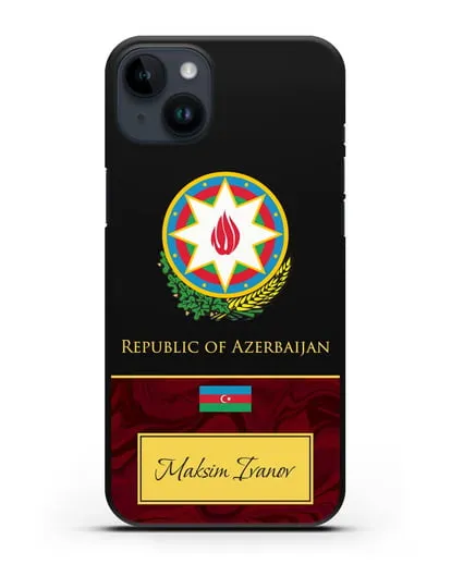 Чехол с гербом и флагом Республики Азербайджан с именем, фамилией на английском языке, красный мрамор силиконовый для iPhone 14 Plus