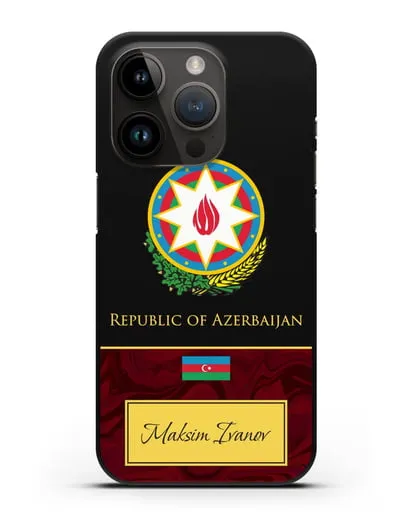 Чехол с гербом и флагом Республики Азербайджан с именем, фамилией на английском языке, красный мрамор силиконовый для iPhone 14 Pro
