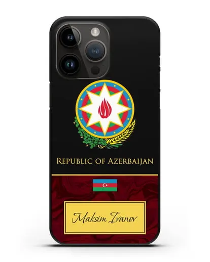 Чехол с гербом и флагом Республики Азербайджан с именем, фамилией на английском языке, красный мрамор силиконовый для iPhone 14 Pro Max