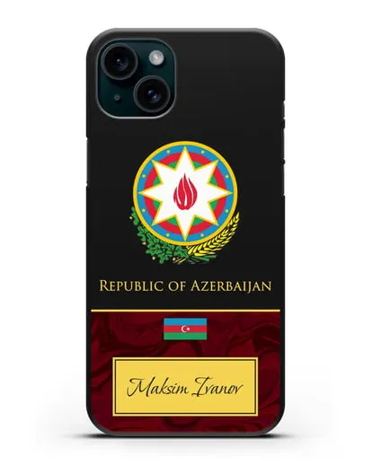 Чехол с гербом и флагом Республики Азербайджан с именем, фамилией на английском языке, красный мрамор силиконовый для iPhone 15 Plus