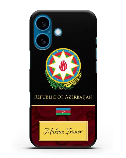 Чехол с гербом и флагом Республики Азербайджан с именем, фамилией на английском языке, красный мрамор силиконовый для iPhone 16