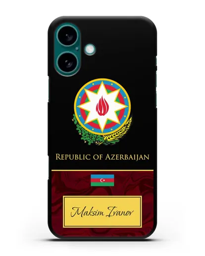 Чехол с гербом и флагом Республики Азербайджан с именем, фамилией на английском языке, красный мрамор силиконовый для iPhone 16 Plus