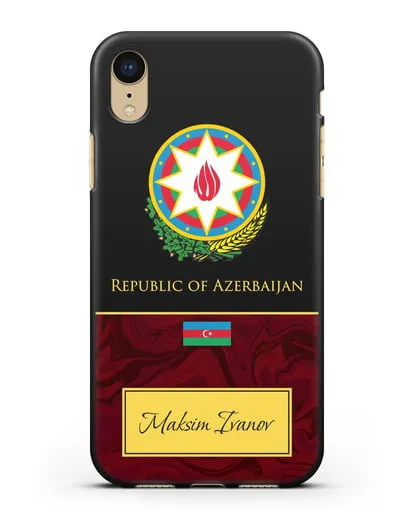 Чехол с гербом и флагом Республики Азербайджан с именем, фамилией на английском языке, красный мрамор силиконовый для iPhone XR
