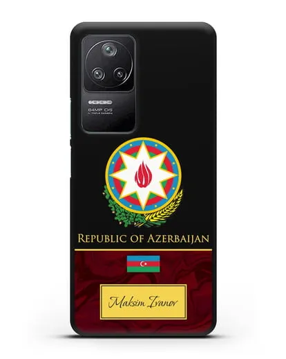 Чехол с гербом и флагом Республики Азербайджан с именем, фамилией на английском языке, красный мрамор силиконовый для Xiaomi Poco F4