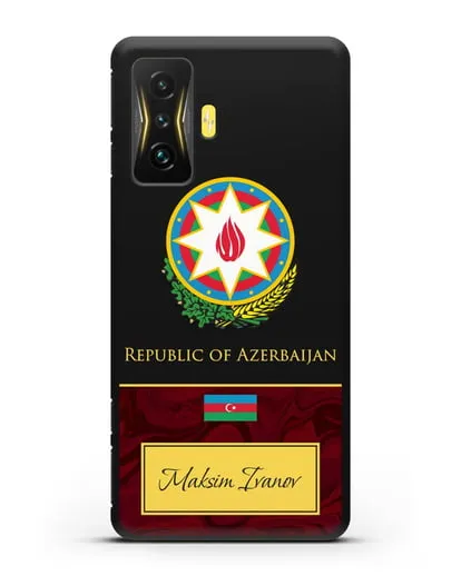 Чехол с гербом и флагом Республики Азербайджан с именем, фамилией на английском языке, красный мрамор силиконовый для Xiaomi Poco F4 GT