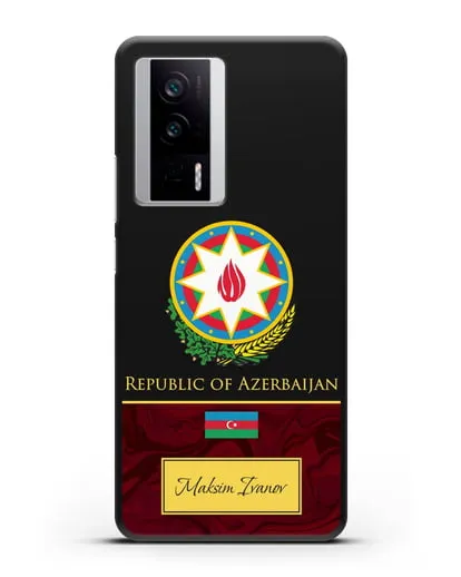 Чехол с гербом и флагом Республики Азербайджан с именем, фамилией на английском языке, красный мрамор силиконовый для Xiaomi Poco F5 Pro