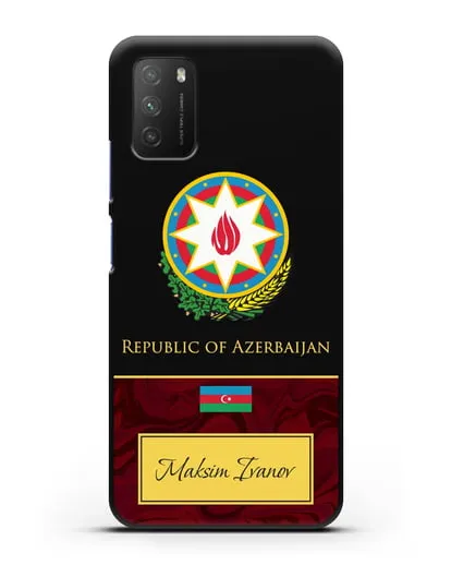 Чехол с гербом и флагом Республики Азербайджан с именем, фамилией на английском языке, красный мрамор силиконовый для Xiaomi Poco M3