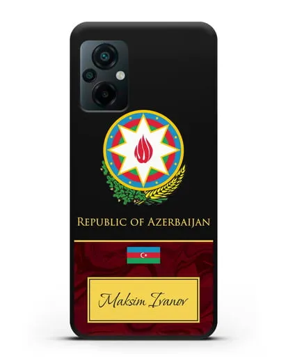 Чехол с гербом и флагом Республики Азербайджан с именем, фамилией на английском языке, красный мрамор силиконовый для Xiaomi Poco M5