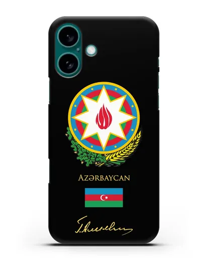 Чехол с гербом и флагом Республики Азербайджан с подписью Г. Алиева силиконовый для iPhone 16 Plus