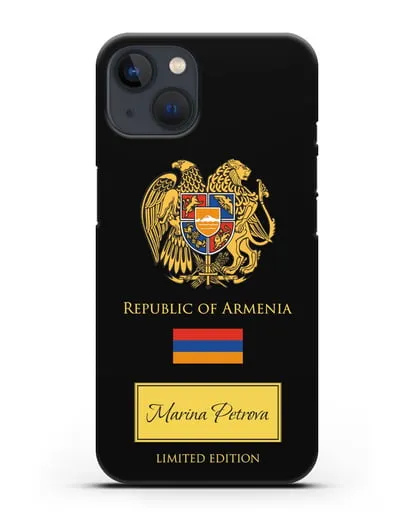 Чехол с гербом и флагом Республики Армения с именем, фамилией на английском языке силиконовый для iPhone 13