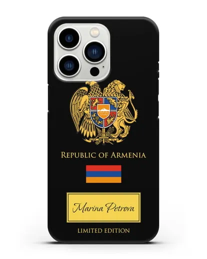 Чехол с гербом и флагом Республики Армения с именем, фамилией на английском языке силиконовый для iPhone 13 Pro