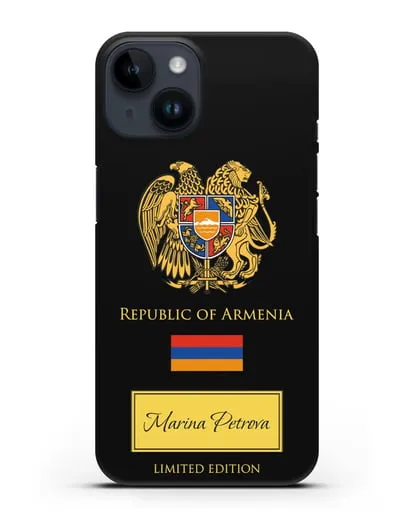 Чехол с гербом и флагом Республики Армения с именем, фамилией на английском языке силиконовый для iPhone 14