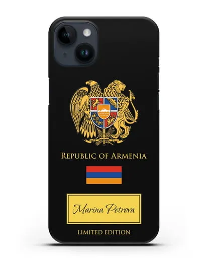 Чехол с гербом и флагом Республики Армения с именем, фамилией на английском языке силиконовый для iPhone 14 Plus