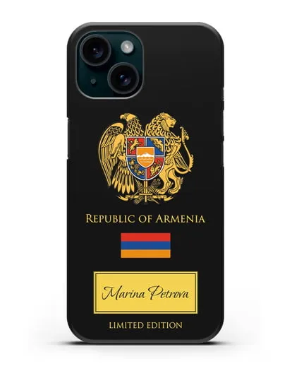 Чехол с гербом и флагом Республики Армения с именем, фамилией на английском языке силиконовый для iPhone 15