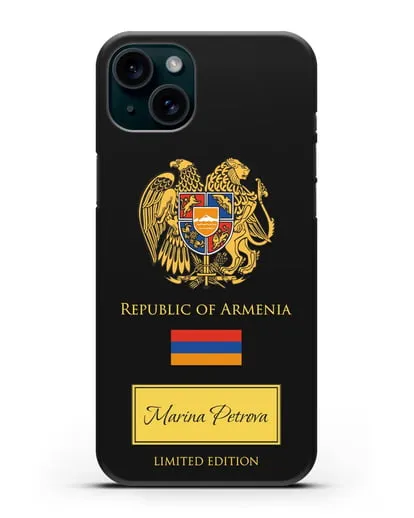Чехол с гербом и флагом Республики Армения с именем, фамилией на английском языке силиконовый для iPhone 15 Plus
