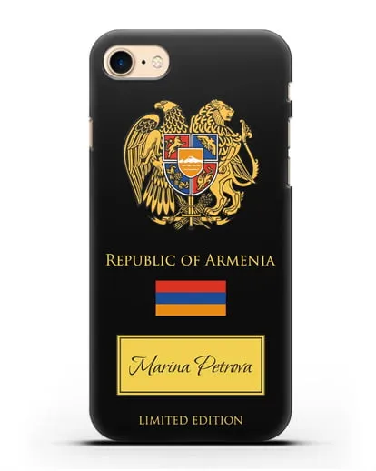 Чехол с гербом и флагом Республики Армения с именем, фамилией на английском языке силиконовый для iPhone 8