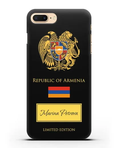 Чехол с гербом и флагом Республики Армения с именем, фамилией на английском языке силиконовый для iPhone 7 Plus