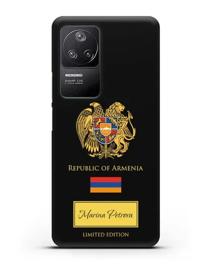 Чехол с гербом и флагом Республики Армения с именем, фамилией на английском языке силиконовый для Xiaomi Poco F4
