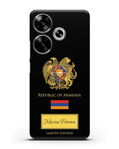 Чехол с гербом и флагом Республики Армения с именем, фамилией на английском языке силиконовый для Xiaomi Poco F6
