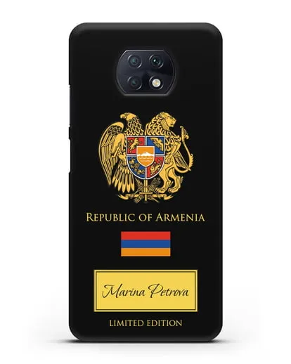 Чехол с гербом и флагом Республики Армения с именем, фамилией на английском языке силиконовый для Xiaomi Redmi Note 9T