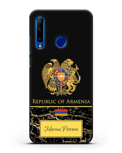 Чехол с гербом и флагом Республики Армения с именем, фамилией на английском языке, черный мрамор силиконовый для Honor 10i