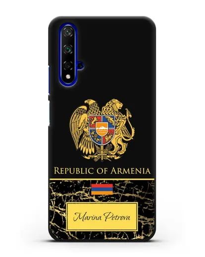 Чехол с гербом и флагом Республики Армения с именем, фамилией на английском языке, черный мрамор силиконовый для Honor 20