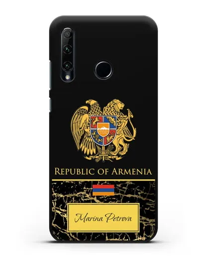 Чехол с гербом и флагом Республики Армения с именем, фамилией на английском языке, черный мрамор силиконовый для Honor 20e