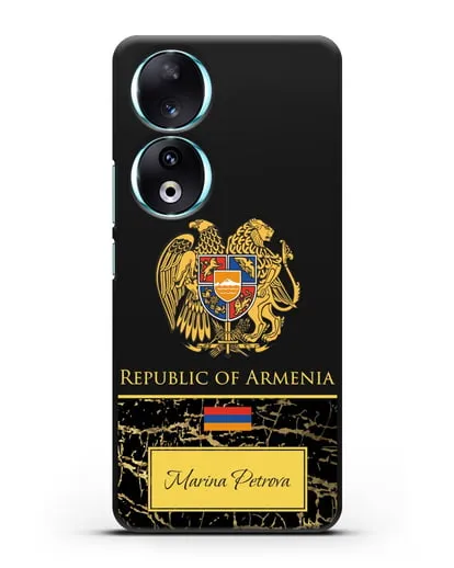 Чехол с гербом и флагом Республики Армения с именем, фамилией на английском языке, черный мрамор силиконовый для Honor 90