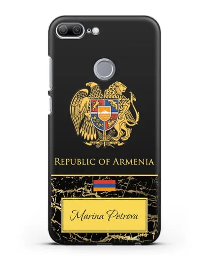 Чехол с гербом и флагом Республики Армения с именем, фамилией на английском языке, черный мрамор силиконовый для Honor 9 Lite