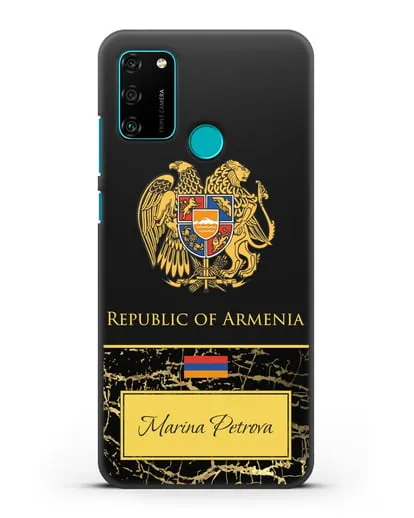 Чехол с гербом и флагом Республики Армения с именем, фамилией на английском языке, черный мрамор силиконовый для Honor 9A