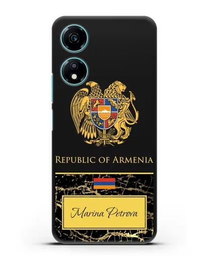 Чехол с гербом и флагом Республики Армения с именем, фамилией на английском языке, черный мрамор силиконовый для Honor X5 Plus