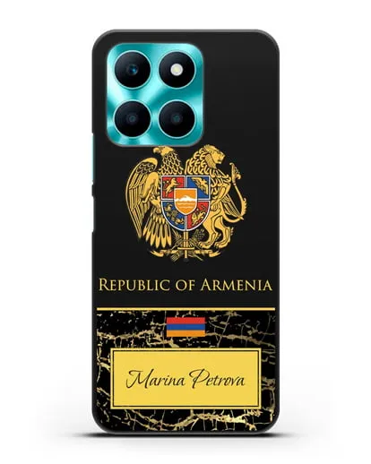 Чехол с гербом и флагом Республики Армения с именем, фамилией на английском языке, черный мрамор силиконовый для Honor X6a
