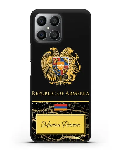 Чехол с гербом и флагом Республики Армения с именем, фамилией на английском языке, черный мрамор силиконовый для Honor X8