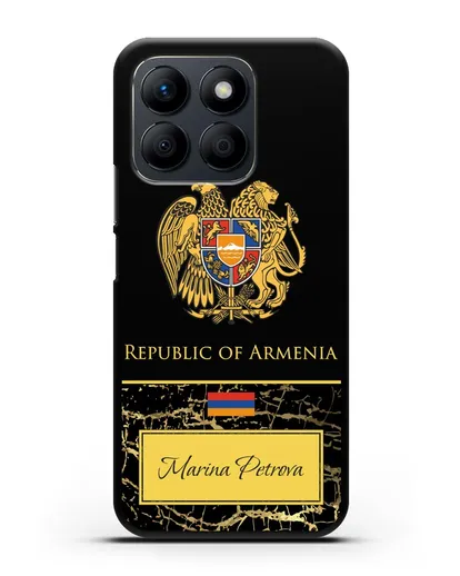 Чехол с гербом и флагом Республики Армения с именем, фамилией на английском языке, черный мрамор силиконовый для Honor X8b