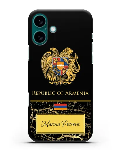 Чехол с гербом и флагом Республики Армения с именем, фамилией на английском языке, черный мрамор силиконовый для iPhone 16 Plus