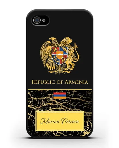 Чехол с гербом и флагом Республики Армения с именем, фамилией на английском языке, черный мрамор силиконовый для iPhone 4/4s