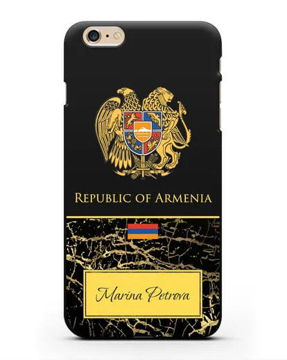 Чехол с гербом и флагом Республики Армения с именем, фамилией на английском языке, черный мрамор силиконовый для iPhone 6 Plus