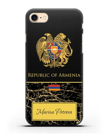 Чехол с гербом и флагом Республики Армения с именем, фамилией на английском языке, черный мрамор силиконовый для iPhone 8