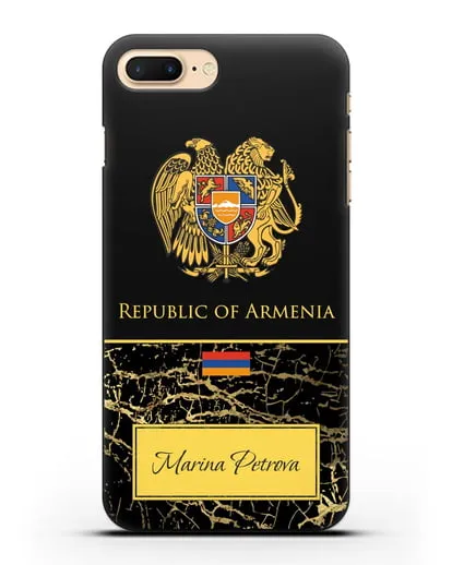 Чехол с гербом и флагом Республики Армения с именем, фамилией на английском языке, черный мрамор силиконовый для iPhone 7 Plus