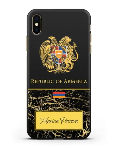 Чехол с гербом и флагом Республики Армения с именем, фамилией на английском языке, черный мрамор силиконовый для iPhone XS Max