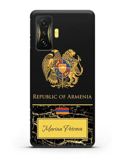 Чехол с гербом и флагом Республики Армения с именем, фамилией на английском языке, черный мрамор силиконовый для Xiaomi Poco F4 GT