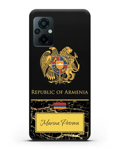 Чехол с гербом и флагом Республики Армения с именем, фамилией на английском языке, черный мрамор силиконовый для Xiaomi Poco M5