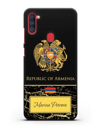 Чехол с гербом и флагом Республики Армения с именем, фамилией на английском языке, черный мрамор силиконовый для Samsung Galaxy A11 [SM-A115F]