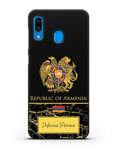 Чехол с гербом и флагом Республики Армения с именем, фамилией на английском языке, черный мрамор силиконовый для Samsung Galaxy A30 [SM-A305FN]