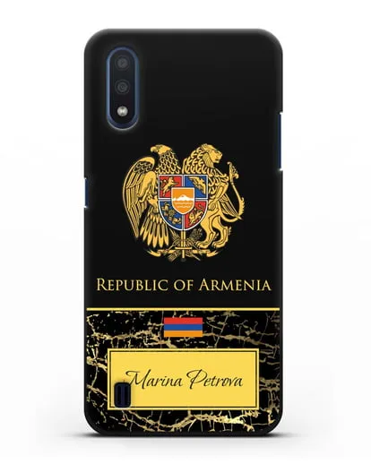 Чехол с гербом и флагом Республики Армения с именем, фамилией на английском языке, черный мрамор силиконовый для Samsung Galaxy M01 [SM-M015F]