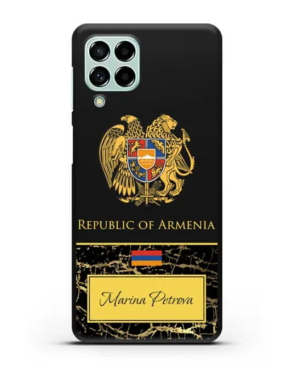 Чехол с гербом и флагом Республики Армения с именем, фамилией на английском языке, черный мрамор силиконовый для Samsung Galaxy M53 [SM-M536]