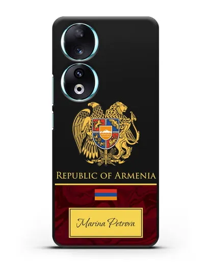 Чехол с гербом и флагом Республики Армения с именем, фамилией на английском языке, красный мрамор силиконовый для Honor 90