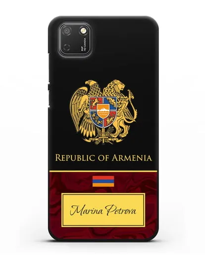 Чехол с гербом и флагом Республики Армения с именем, фамилией на английском языке, красный мрамор силиконовый для Honor 9S