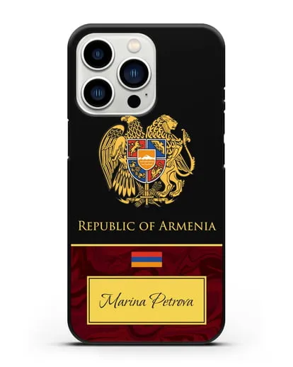 Чехол с гербом и флагом Республики Армения с именем, фамилией на английском языке, красный мрамор силиконовый для iPhone 13 Pro